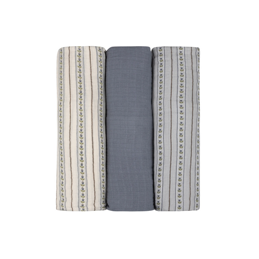 Ely'S & Co Ivory & Blue Linear Tulip 3 Pack Muslin Swaddles