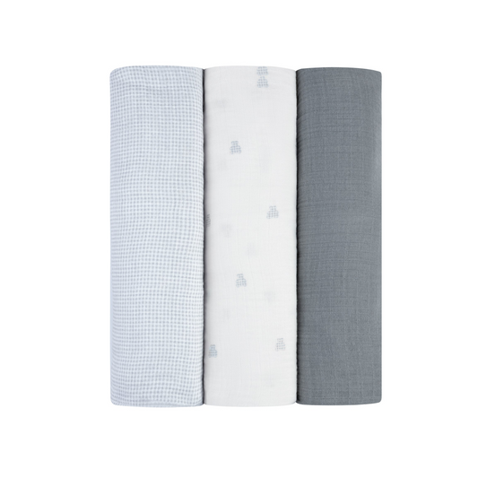 Ely'S & Co Blue 3 Pack Muslin Swaddles Gingham Bear Collection