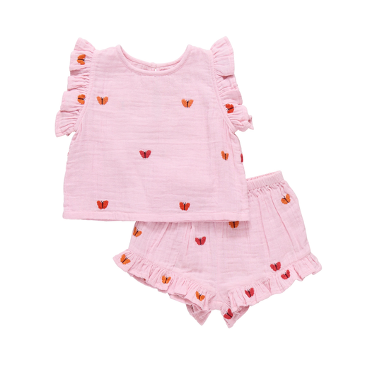 Pink Chicken Butterfly Roey 2-Pc Set Embroidery