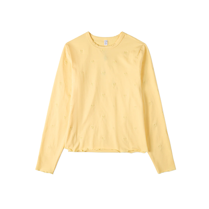 Memoi Yellow Embroidered All Over Bows Long Sleeve T-Shirt