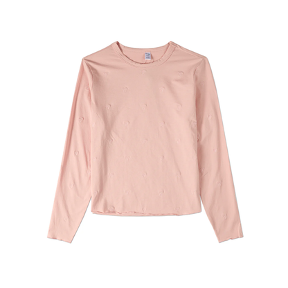 Memoi Peach Embroidered All Over Bows Long Sleeve T-Shirt