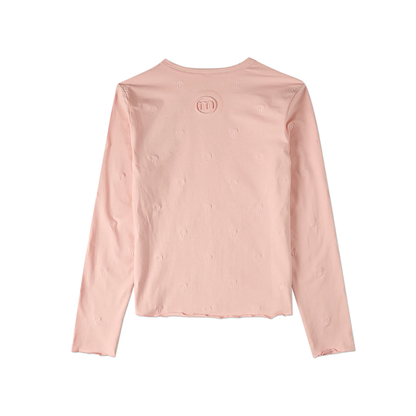Memoi Peach Embroidered All Over Bows Long Sleeve T-Shirt