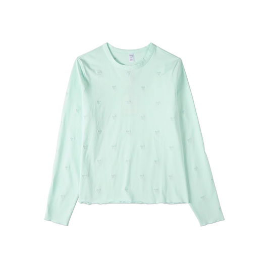 Memoi Mint Embroidered All Over Bows Long Sleeve T-Shirt