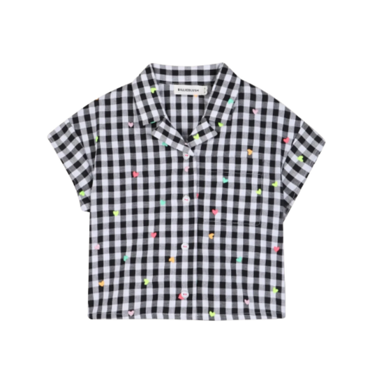 Billieblush White Black Gingham Heart Embroidered Button Down Top