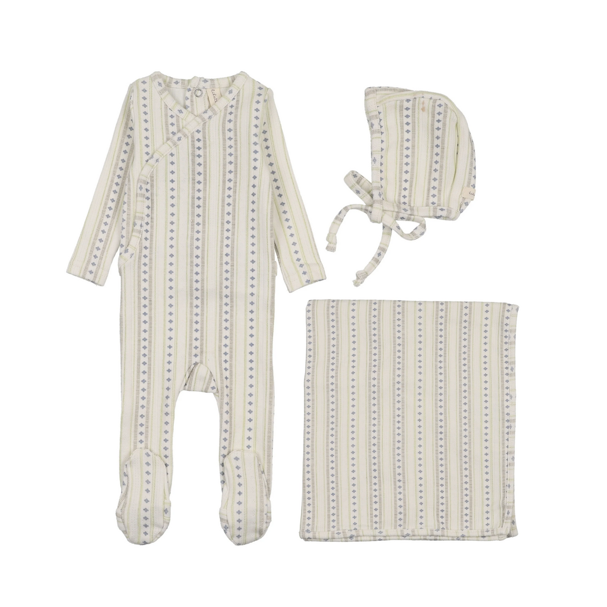 Lilette Cream/Blue Linear Print Layette Set