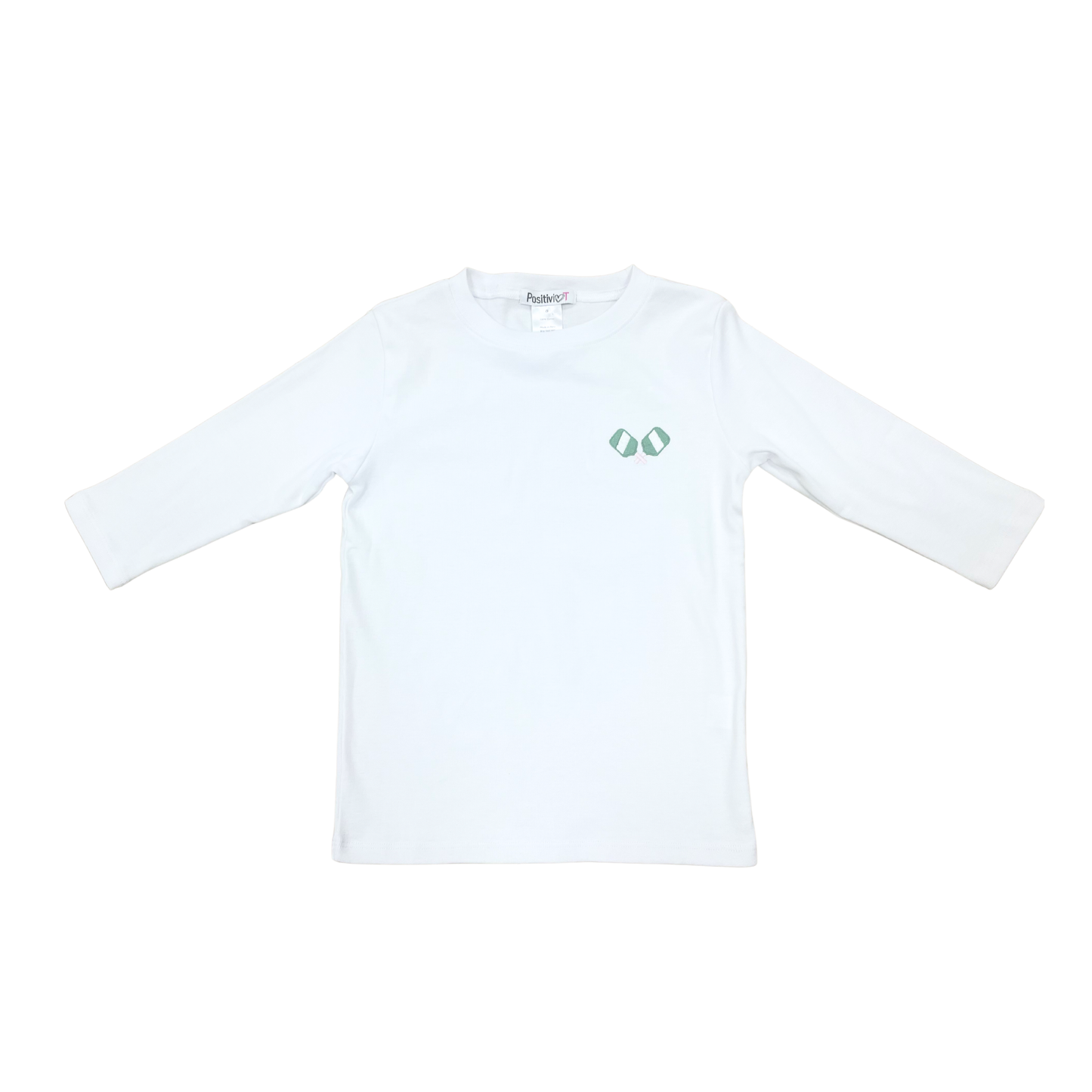Positivi-T White Embroidered Pickleball 3/4 Sleeve Tee