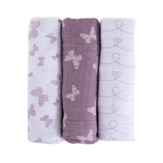 Ely's & Co Lavender/White 3 Pack Muslin Butterflies Swaddle