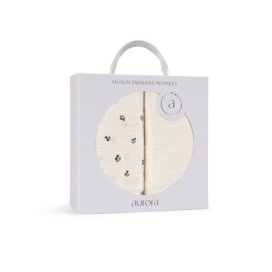 Aurora Ivory/Red 2 Pack Cherry Print Collection Muslin Swaddle