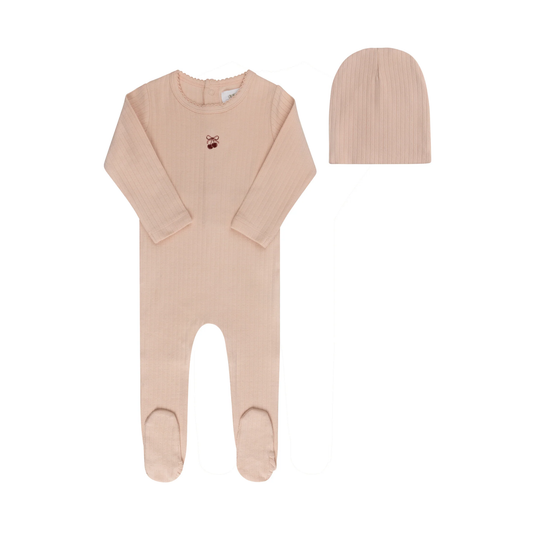 Aurora Pink/Red Pointelle Bow Print Collection Footie + Beanie