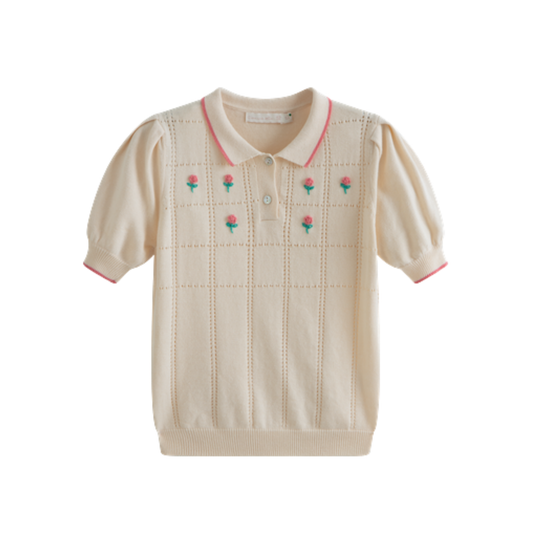 C'Era Una Volta Cream Maria Knitted Short Sleeve Polo Sweater