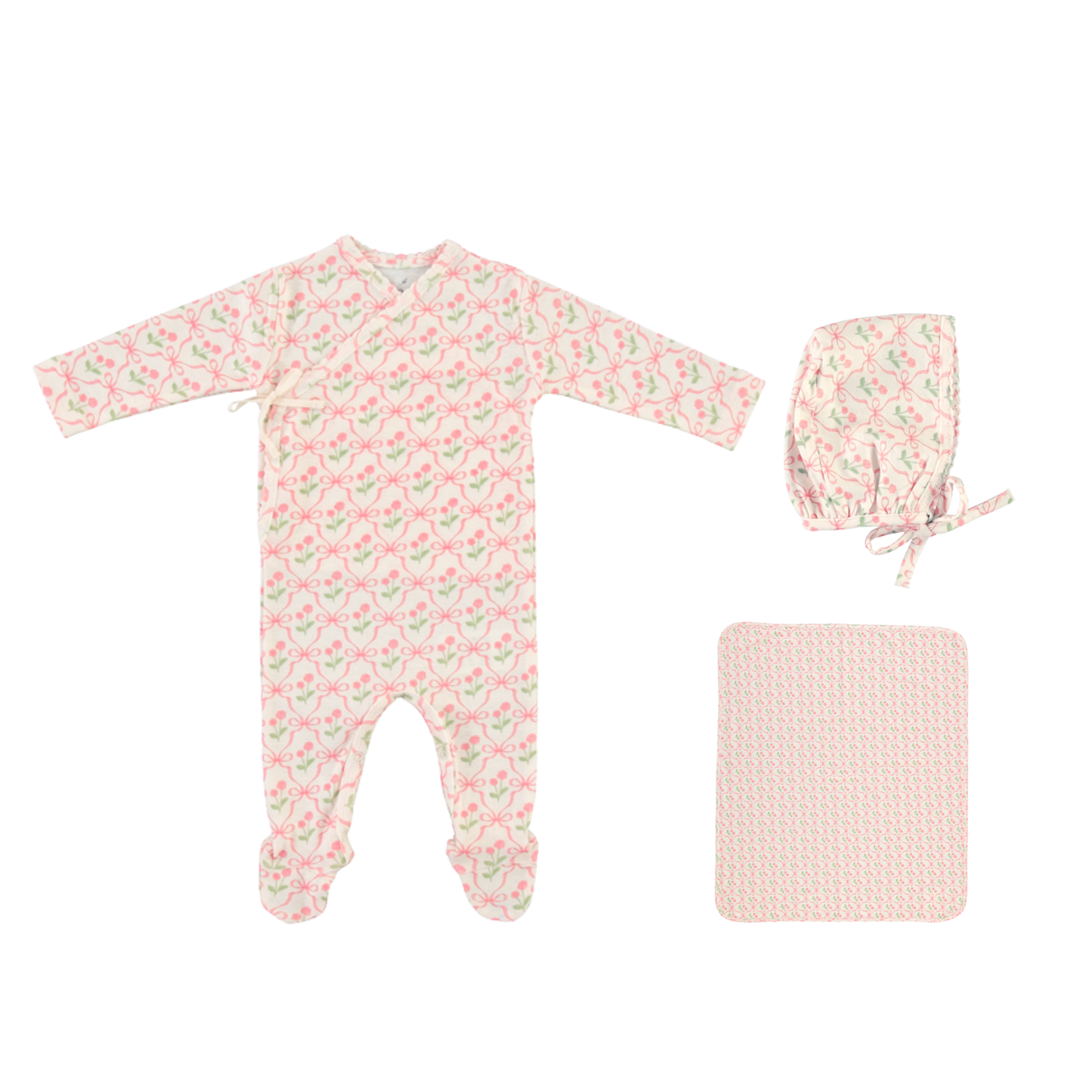 Bebe Organic Geometric Bows Blossom Wrap Footie With Bonnet