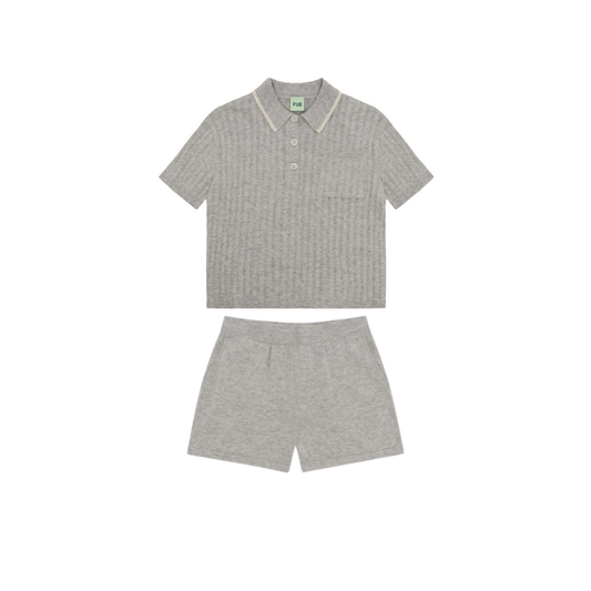 Fub Light Grey Melange Rib Polo Shorts Set
