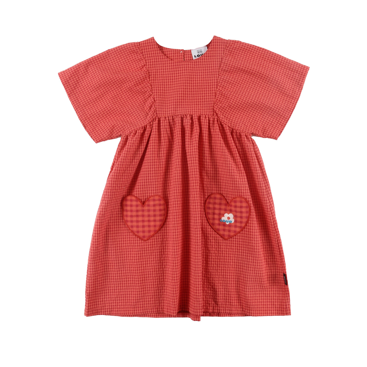 Loud Red Check Breeze Flower Embroidery Short Sleeve Dress