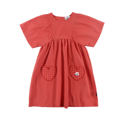 Loud Red Check Breeze Flower Embroidery Short Sleeve Dress