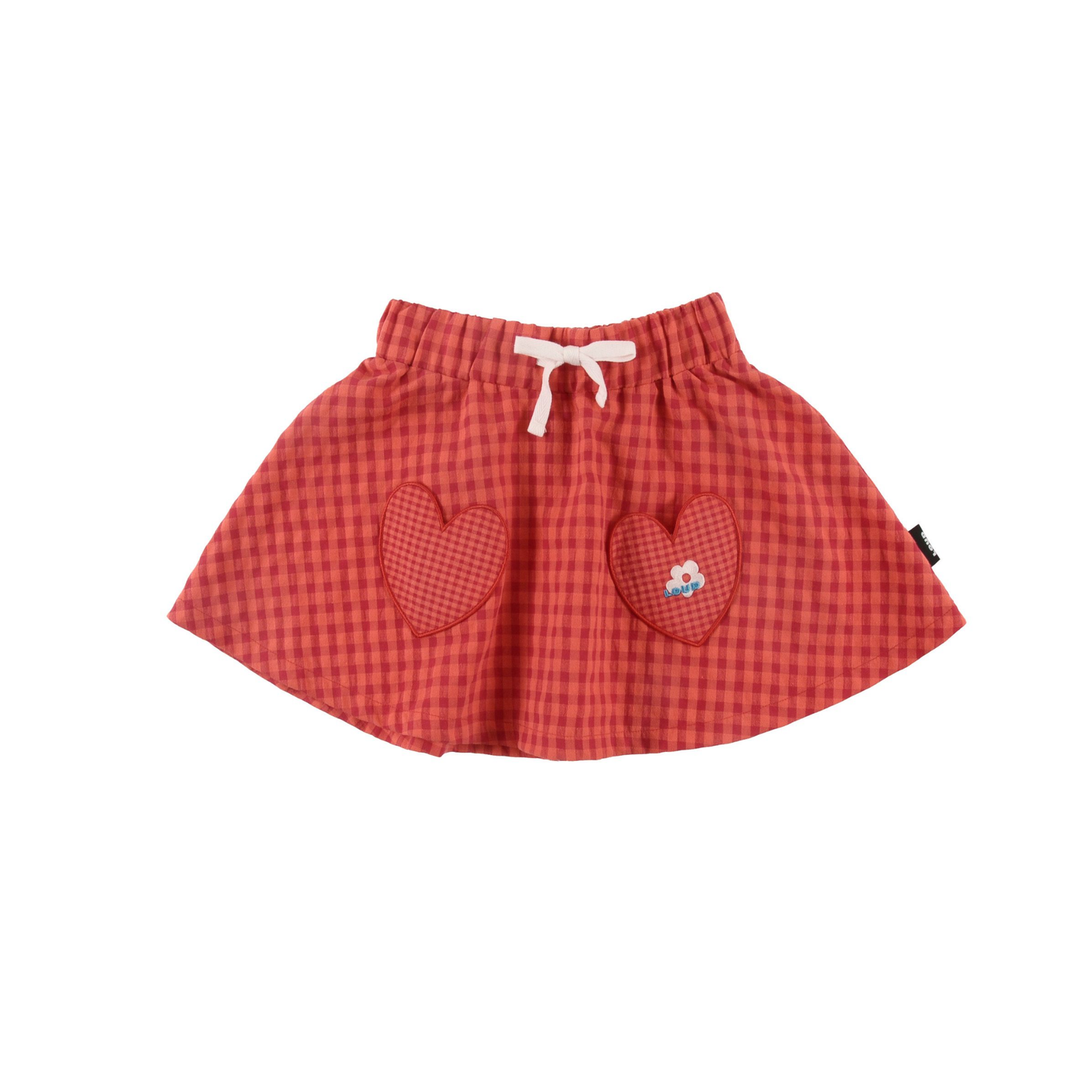 Loud Red Check Caldo Flower Embroidery Short Skirt