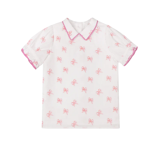 One Child Pink Bow Printed Trim Blouse