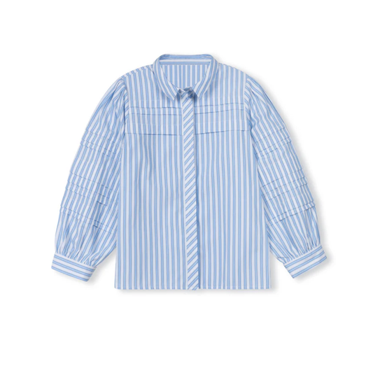 Tustello White/Blue Mun Pinstriped Pleated Blouse