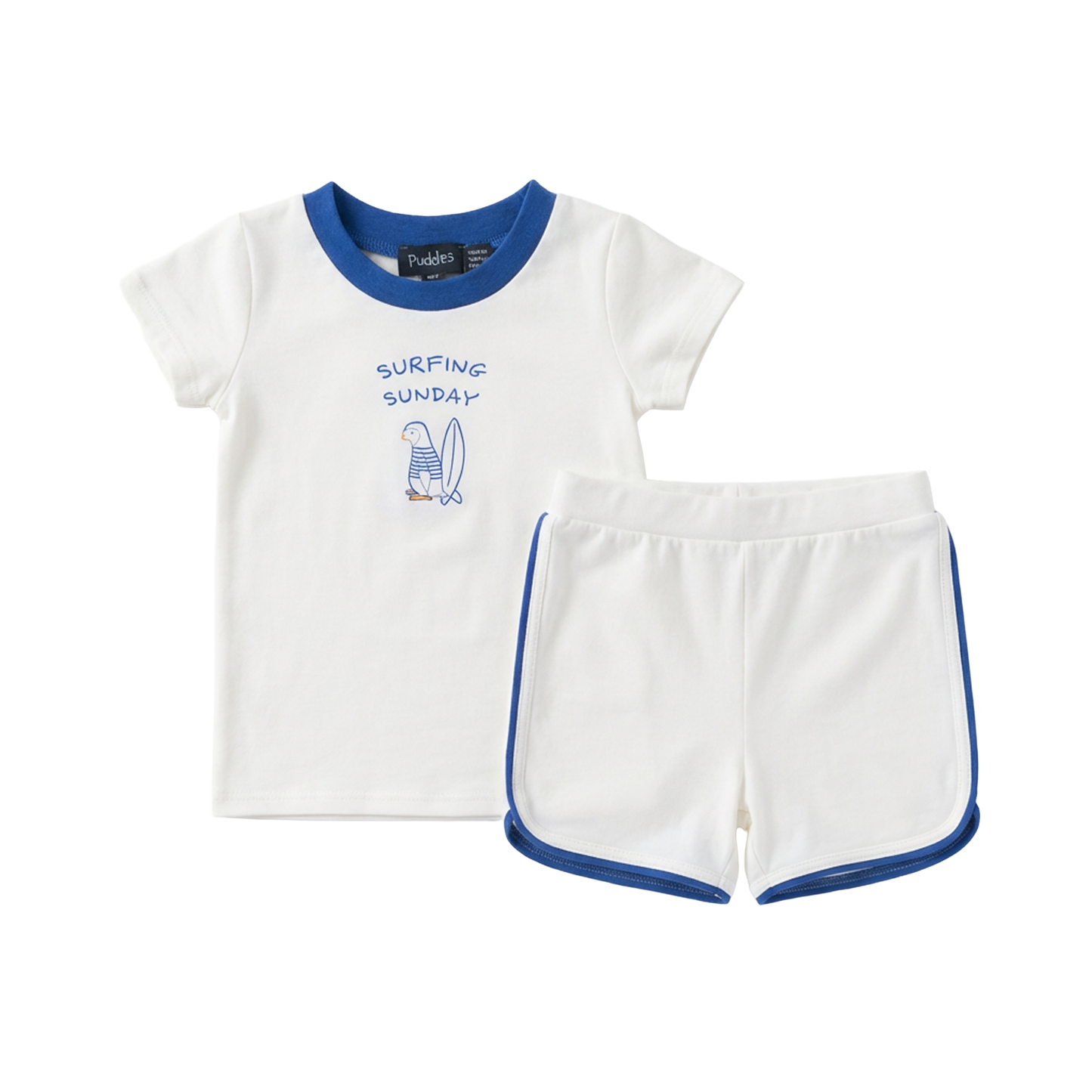 Puddles Off White/Blue Cotton Spandex Surfing Sunday 2 Pc Set