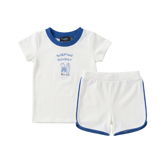Puddles Off White/Blue Cotton Spandex Surfing Sunday 2 Pc Set