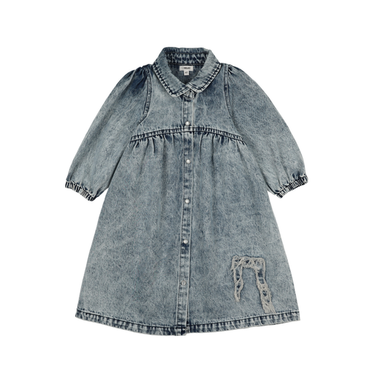 Bonjoy Blue Denim/Bow Jean Patch 3/4 Sleeve Dress