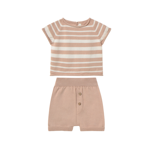 Li & Me Cream-Candy Irregular Striped Knit Shorts Set
