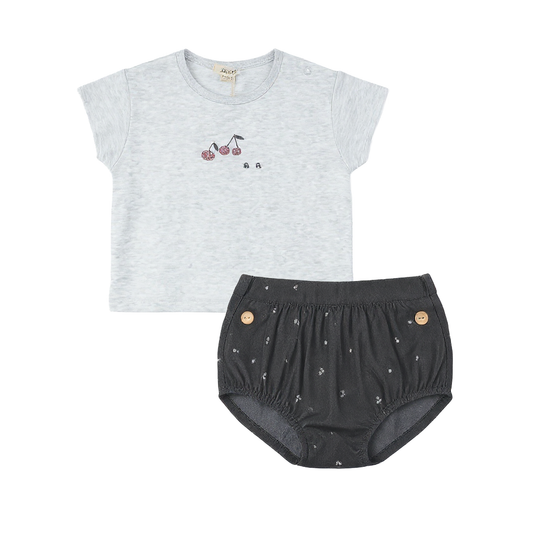 Lola Dark Grey Cherry Woven Denim Bloomer Set