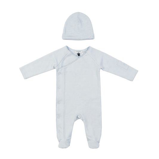 Little Fragile Misty Blue French Terry Romper Set With Front Side Opening