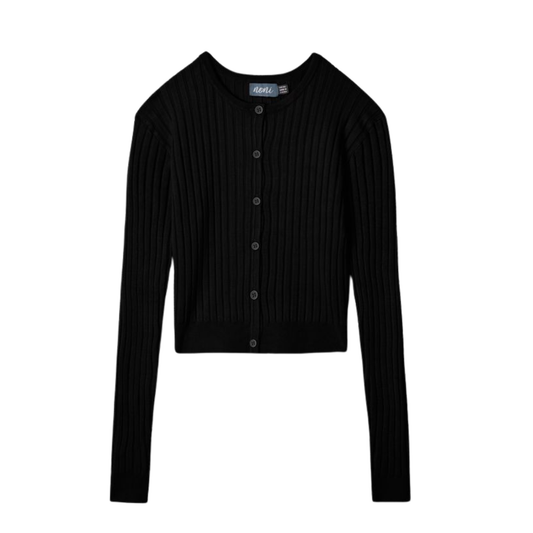 Noni Black Pleated Wide Rib Cropped Knit Cardigan
