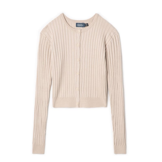 Noni Light Beige Pleated Wide Rib Cropped Knit Cardigan