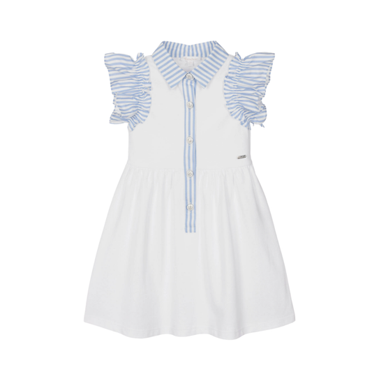 Patachou White/Blue Ruffle Stripe Short Sleeve Dress