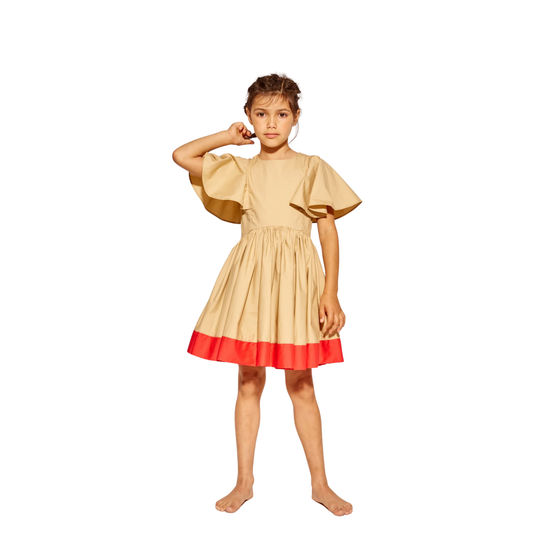 The Middle Daughter Camel & Red Flag Flag 3/4 Sleeves Longer Length Dress