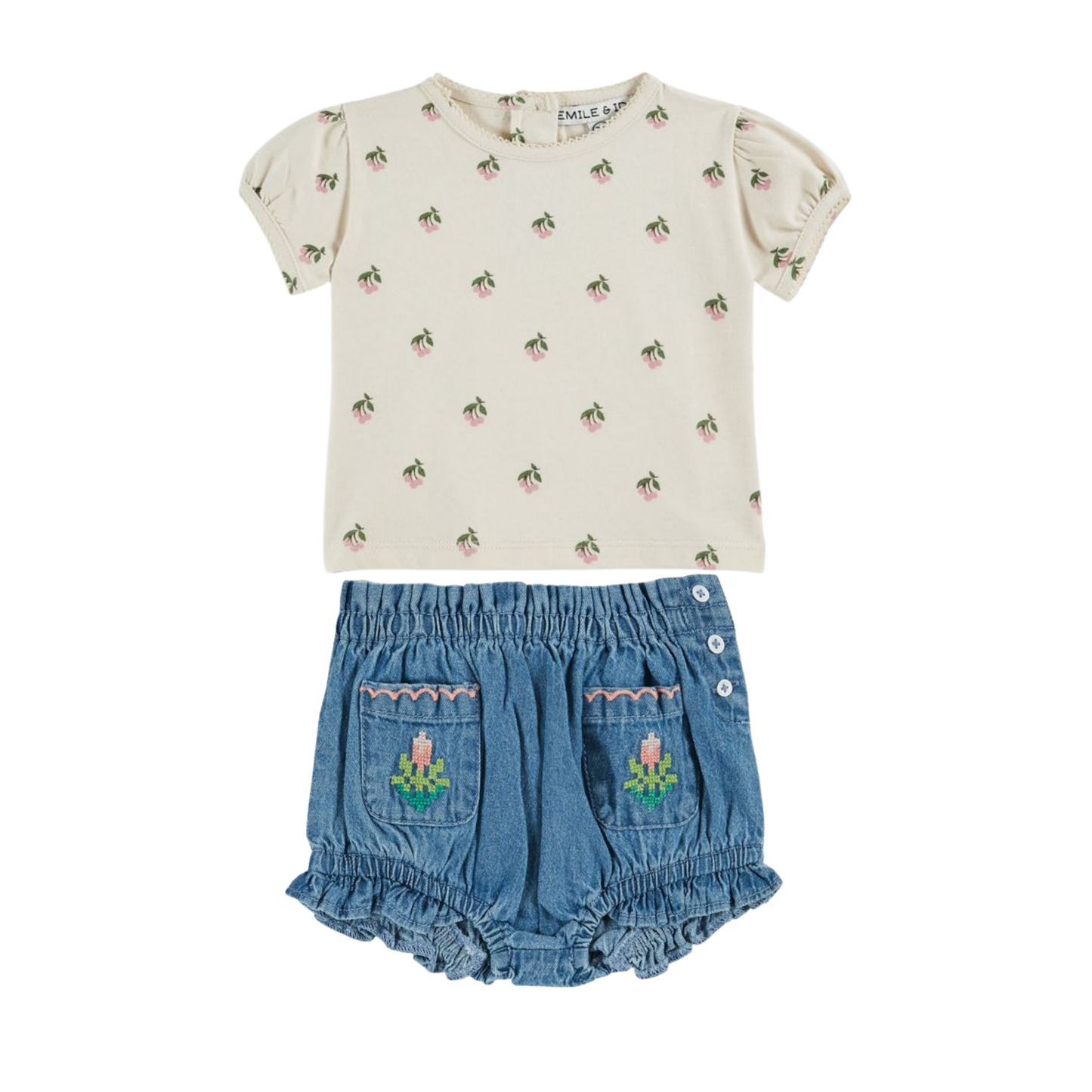 Emile Et Ida Cream/Denim Cherries All Over Bloomer Set