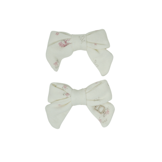 Bandeau Pink Flower/ White Dainty Prints On Soft Fabric Collection Mini Bow Clip Set