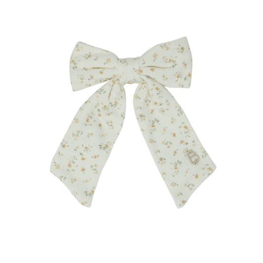 Bandeau Yellow Floral/ White Dainty Prints On Soft Fabric Collection Medium Bow Clip
