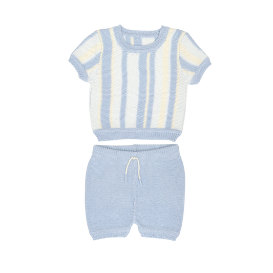 Tuntun Light Blue & Natural Stripped Knitted Shorts Set
