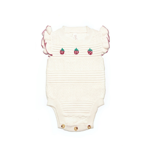 Tuntun Natural & Rosa Red Strawberries Embroidered Romper