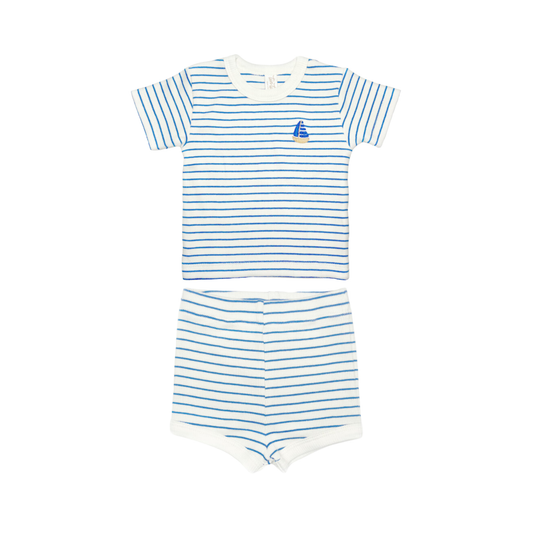 Tuntun Blue Stripes Ribbed Stripe Shorts Set