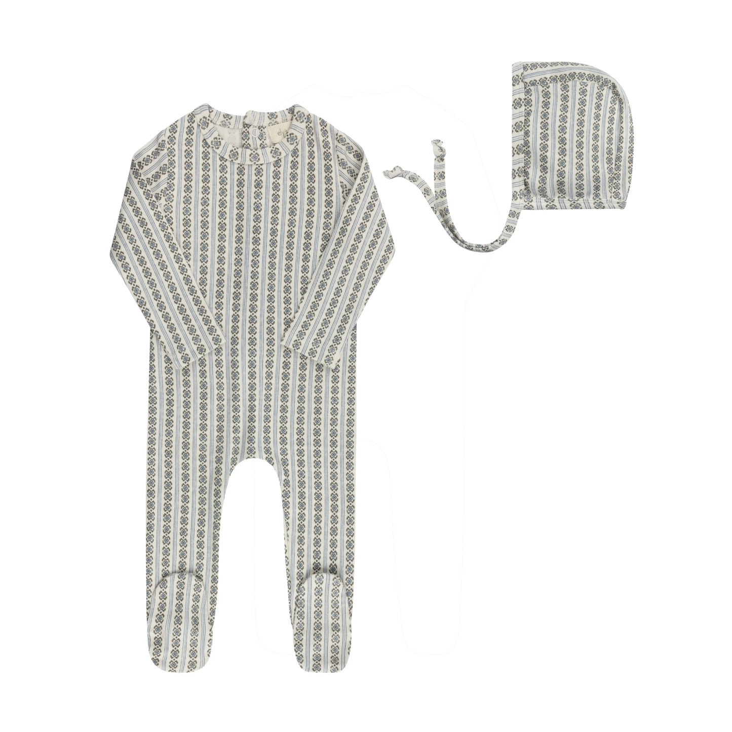 Aurora Ivory Blue Cotton Rib Linear Leaf Collection Footie + Bonnet