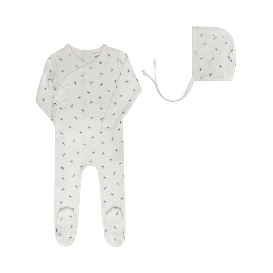 Aurora Ivory Lilac Bow Pattern Collection Footie + Bonnet