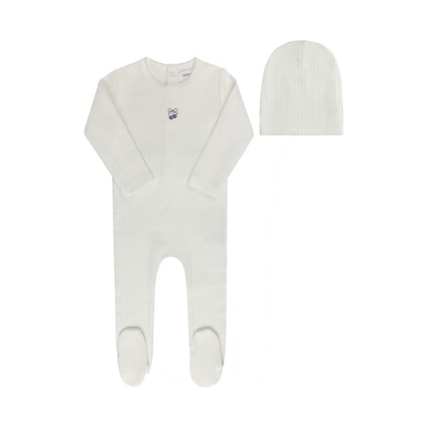 Aurora Ivory Lilac Pointelle Bow Print Collection Footie + Beanie
