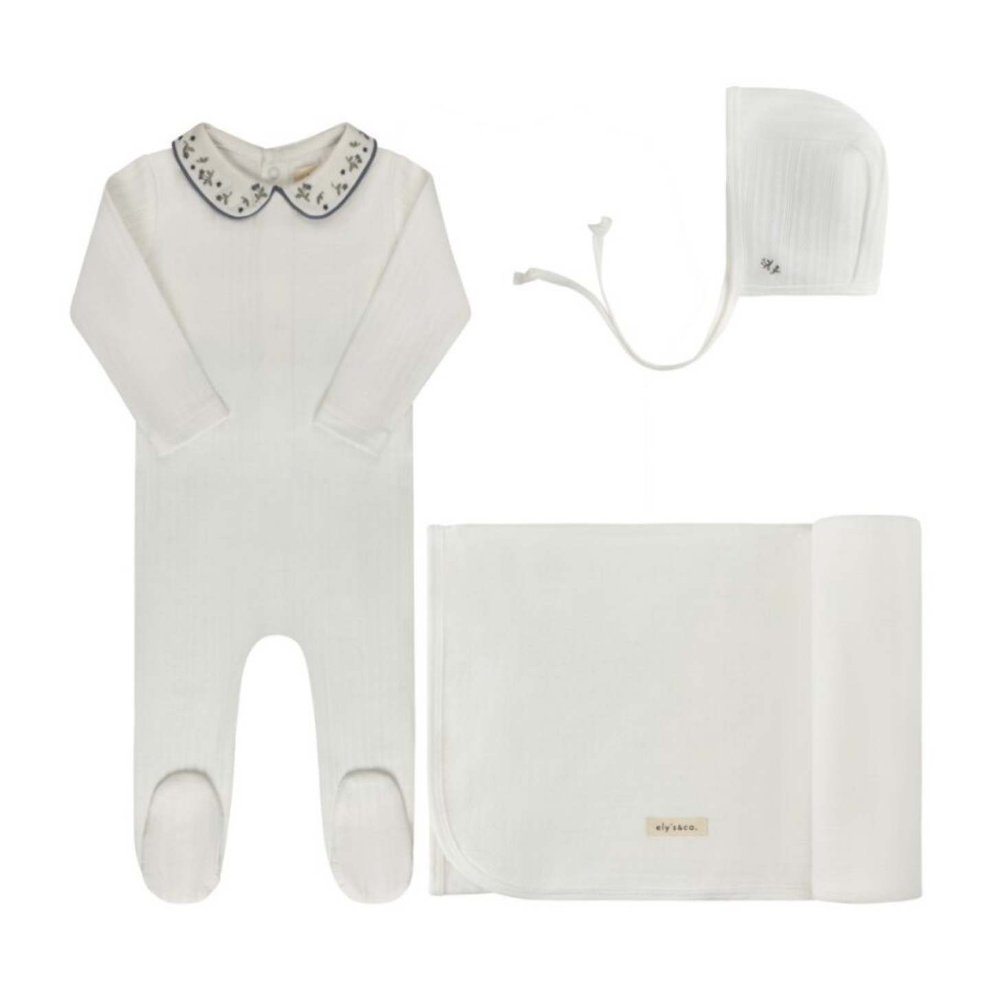 Ely's & Co Ivory Blue Floral Embroidered Collar Collection Take Me Home Set