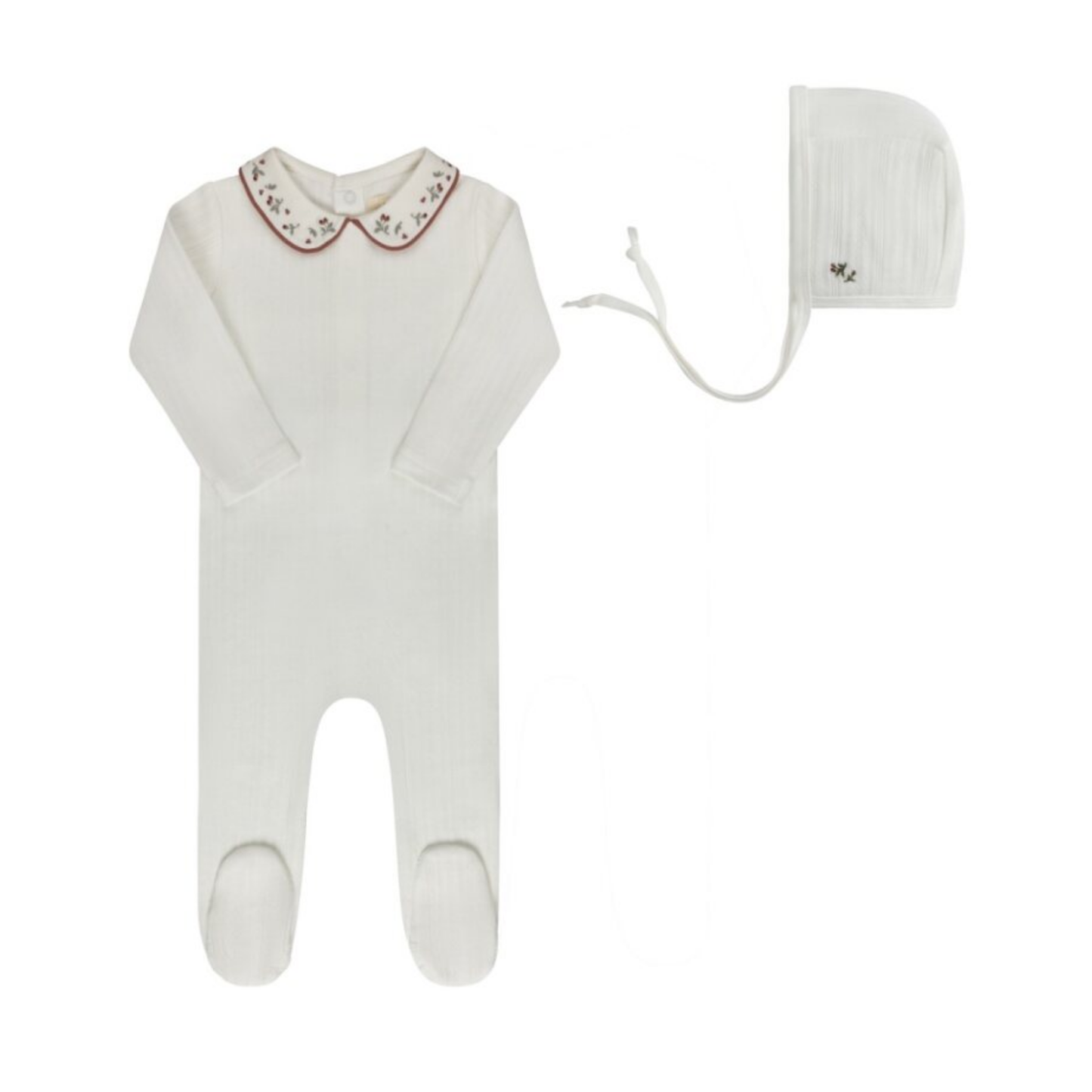 Ely's & Co Ivory Pink Floral Embroidered Collar Collection Footie + Bonnet