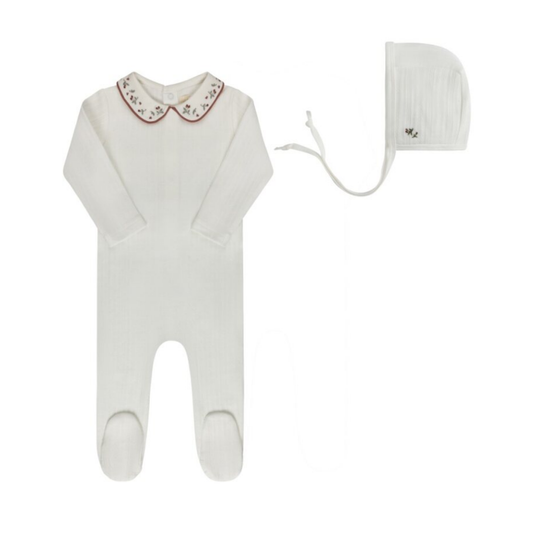 Ely's & Co Ivory Pink Floral Embroidered Collar Collection Footie + Bonnet