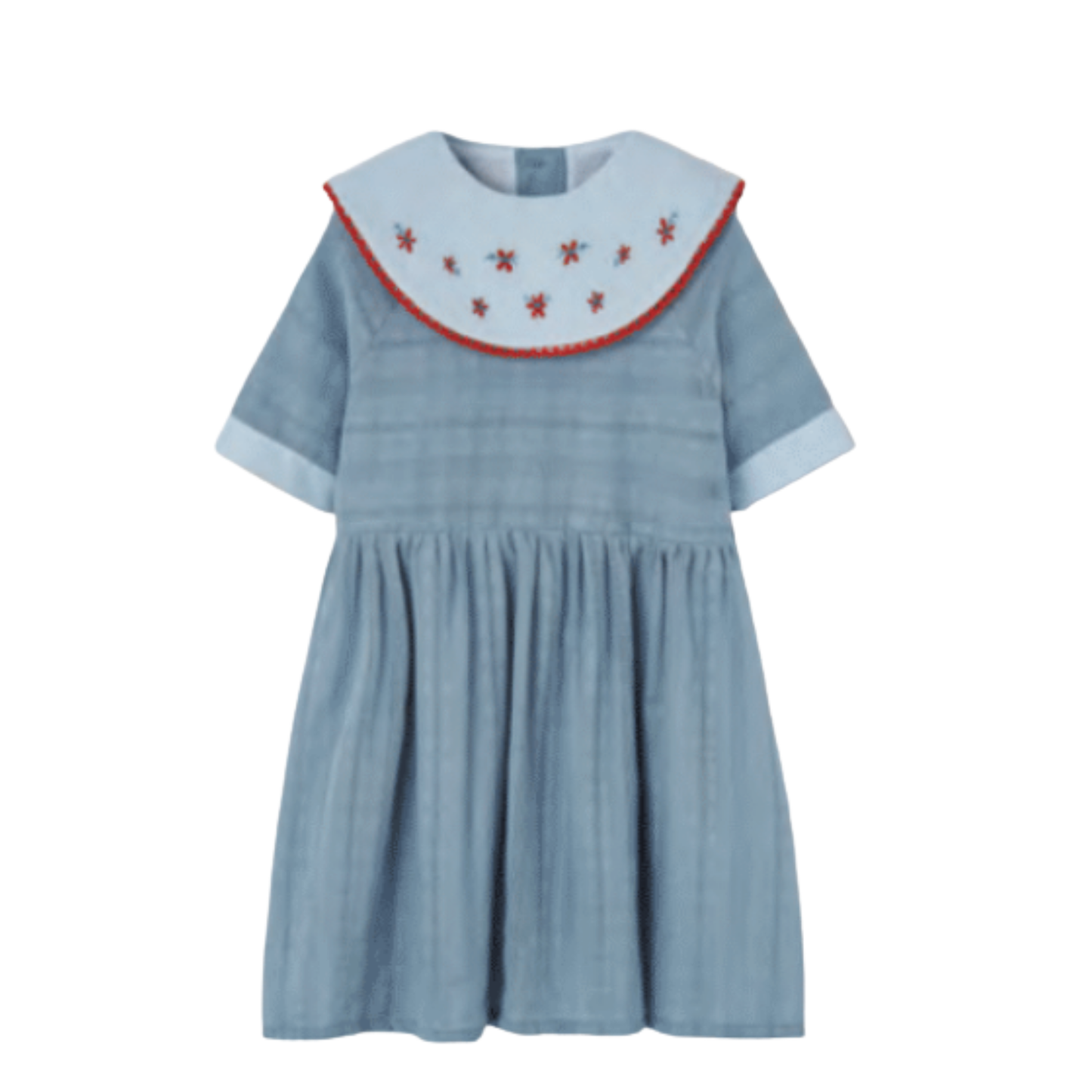 Popelin Blue Embroidered Bib Collar Short Sleeve Dress