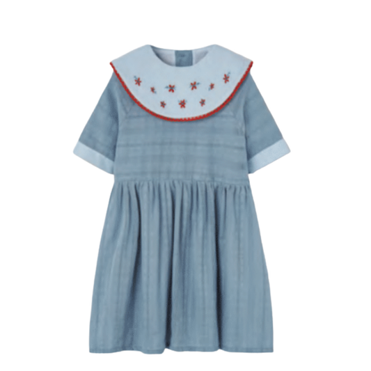 Popelin Blue Embroidered Bib Collar Short Sleeve Dress
