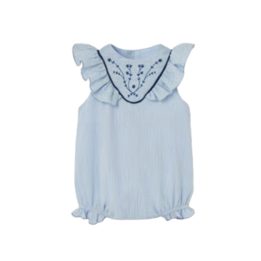Popelin Blue Yoke Embroidered Romper