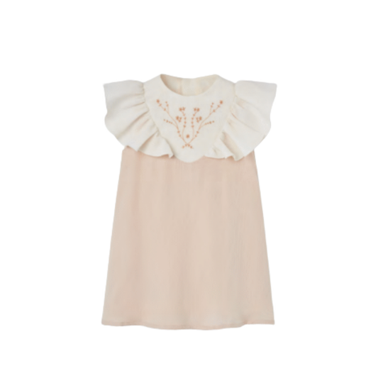 Popelin Dusty Pink Embroidered Yoke Short Sleeve Dress