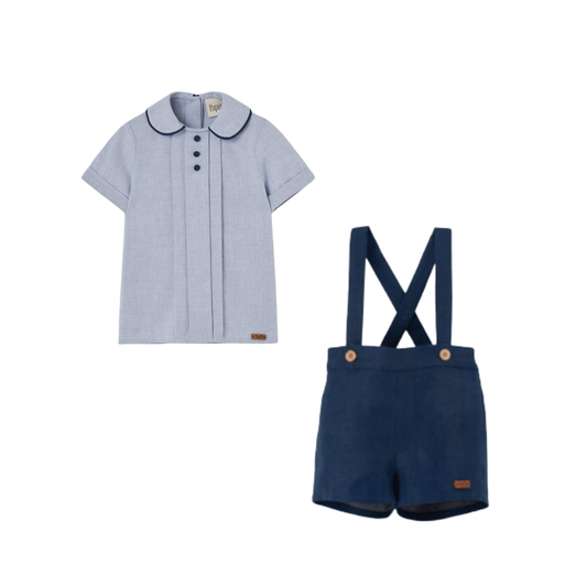 Popelin Navy Blue Linen Straps Romper Set