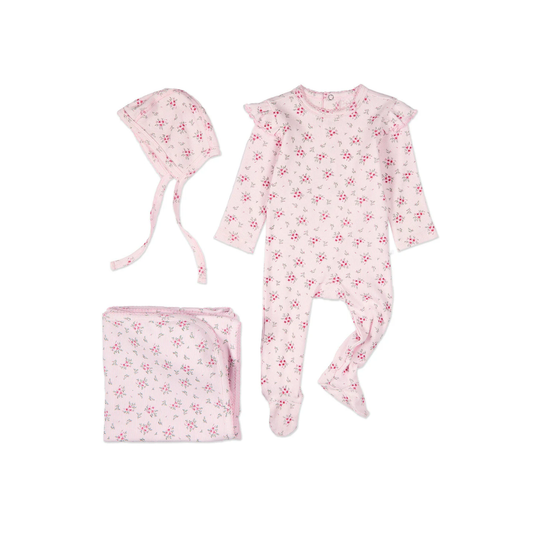 MiniMoi Ruffled Sleeve Floral 3 Pc Footie Set