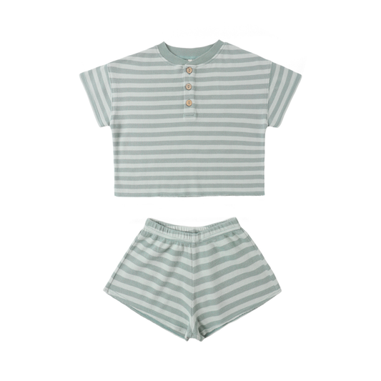 Rylee+Cru Green Summer Waffle Stripe Shorts Set